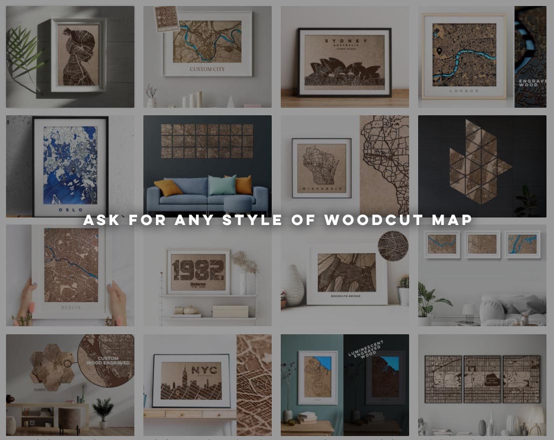 Custom city map. Cualquier ciudad grabada en madera y cortada a laser. World map on laser cut wood. Mapa personalizado ciudad
