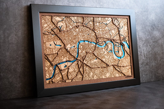 Mapa cortado a laser en madera de London o personalizado o pueblo del mundo. Mapa retro vintage de madera pintado a mano. Decoración mapas