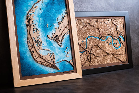 Mapa cortado a laser en madera de London o personalizado o pueblo del mundo. Mapa retro vintage de madera pintado a mano. Decoración mapas