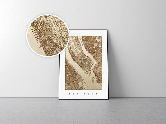 Fotografía satélite de Nueva York en madera láser. Grabado ciudad Manhattan USA. Decoración madera en pared. Mapa arte moderno bohemio NYC