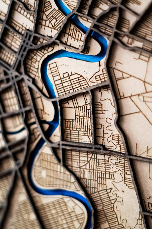 Mapa cortado a laser en madera de Winnipeg o personalizado o pueblo del mundo. Mapa retro vintage de madera pintado a mano. Decoración mapas