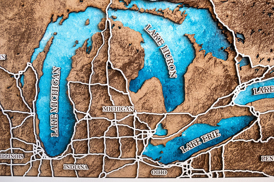 El mapa de los grandes lagos, el lienzo de los grandes lagos, el póster de los grandes lagos, la impresión de los grandes lagos, los viajes de los grandes lagos, la carta náutica de los grandes lagos, el mapa 3d