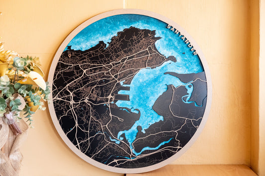 Mapa circular de madera cortado a laser de una ciudad personalizada. Arte mapa en madera. Mapa grabado laser. Decoración con mapas.