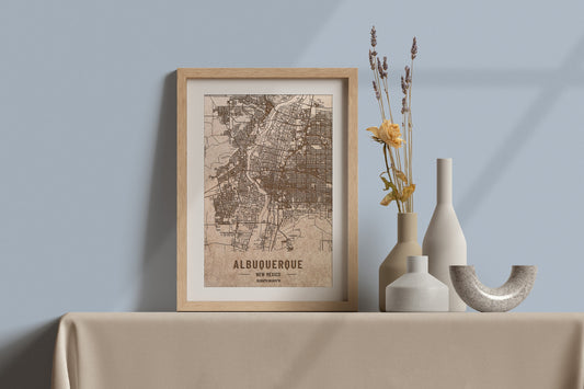 Mapa de Albuquerque, Nuevo Mexico, grabado en madera. Mapa láser 3d personalizado de una ciudad de USA o mundo. Arte vintage para decorar.