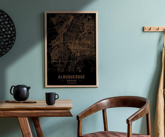 Mapa de Albuquerque, Nuevo Mexico, grabado en madera. Mapa láser 3d personalizado de una ciudad de USA o mundo. Arte vintage para decorar.