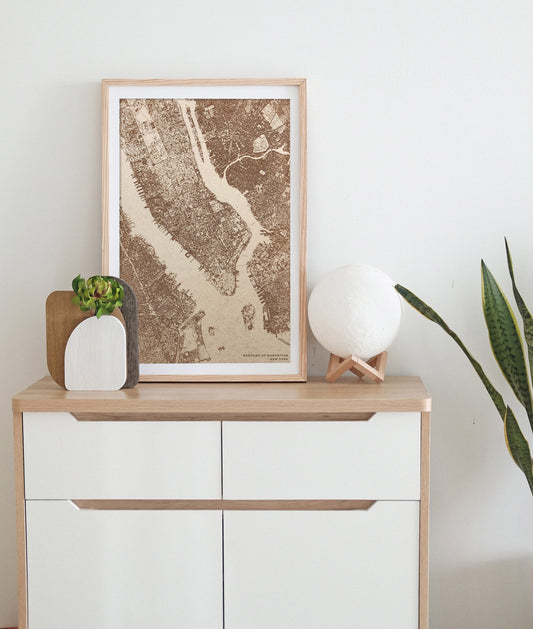 Fotografía satélite de Nueva York en madera láser. Grabado ciudad Manhattan USA. Decoración madera en pared. Mapa arte moderno bohemio NYC