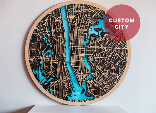 Mapa circular de madera cortado a laser de una ciudad personalizada. Arte mapa en madera. Mapa grabado laser. Decoración con mapas.